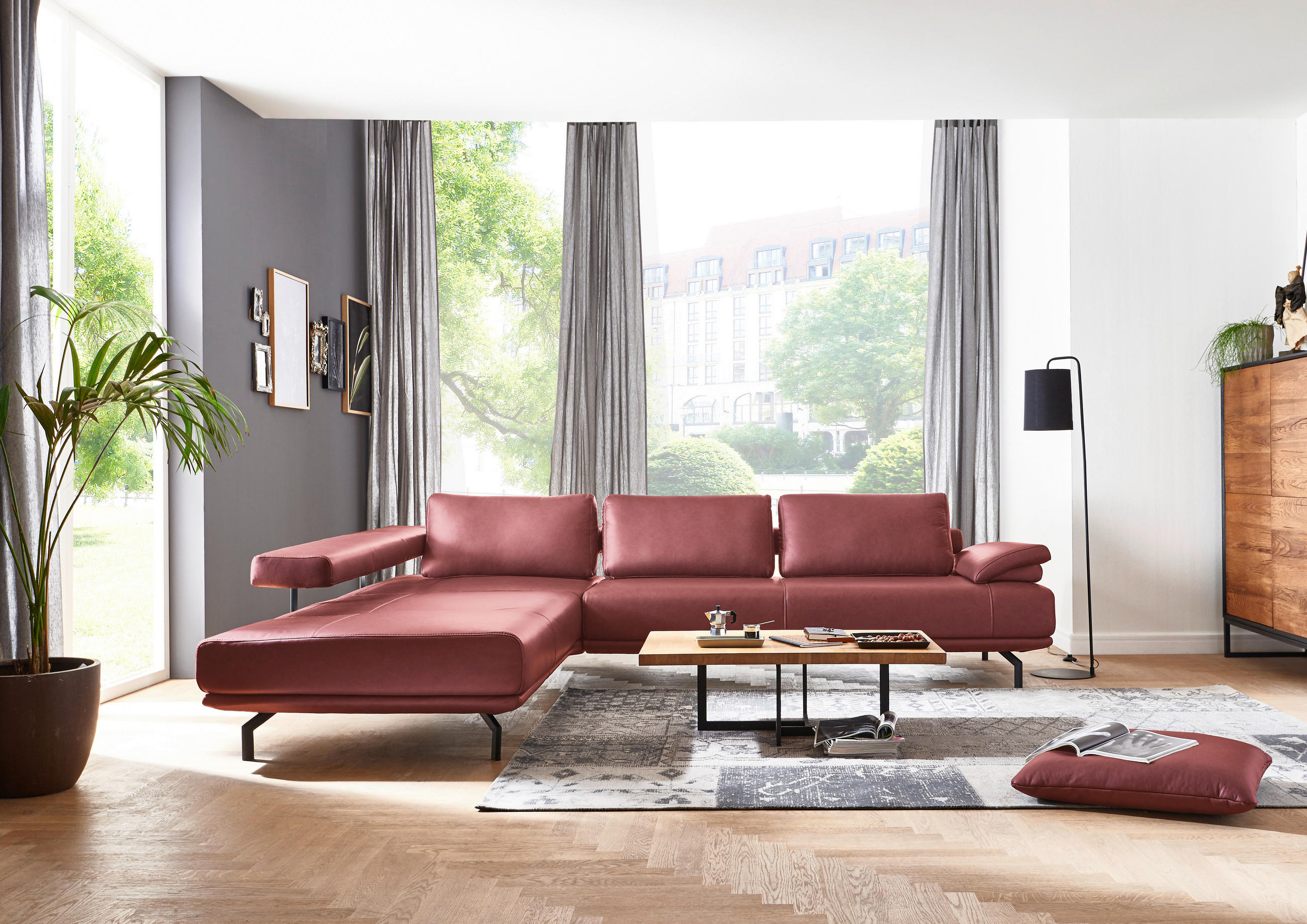 ECKSOFA in Echtleder Weinrot  - Chromfarben/Weinrot, Design, Leder/Metall (255/325cm) - Dieter Knoll
