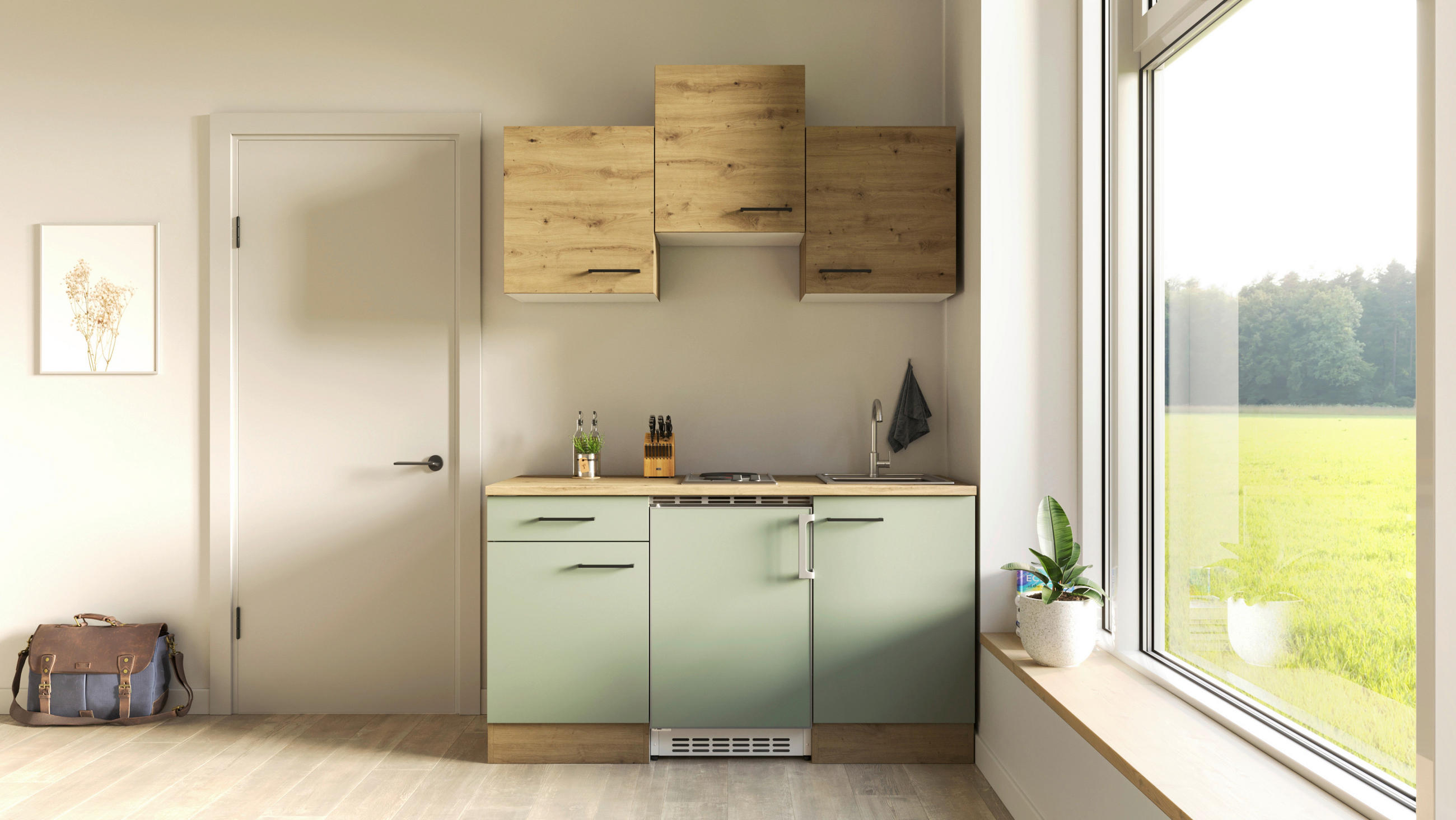 FlexWell Miniküche Eiche Artisan, Schilfgrün 150.5 cm