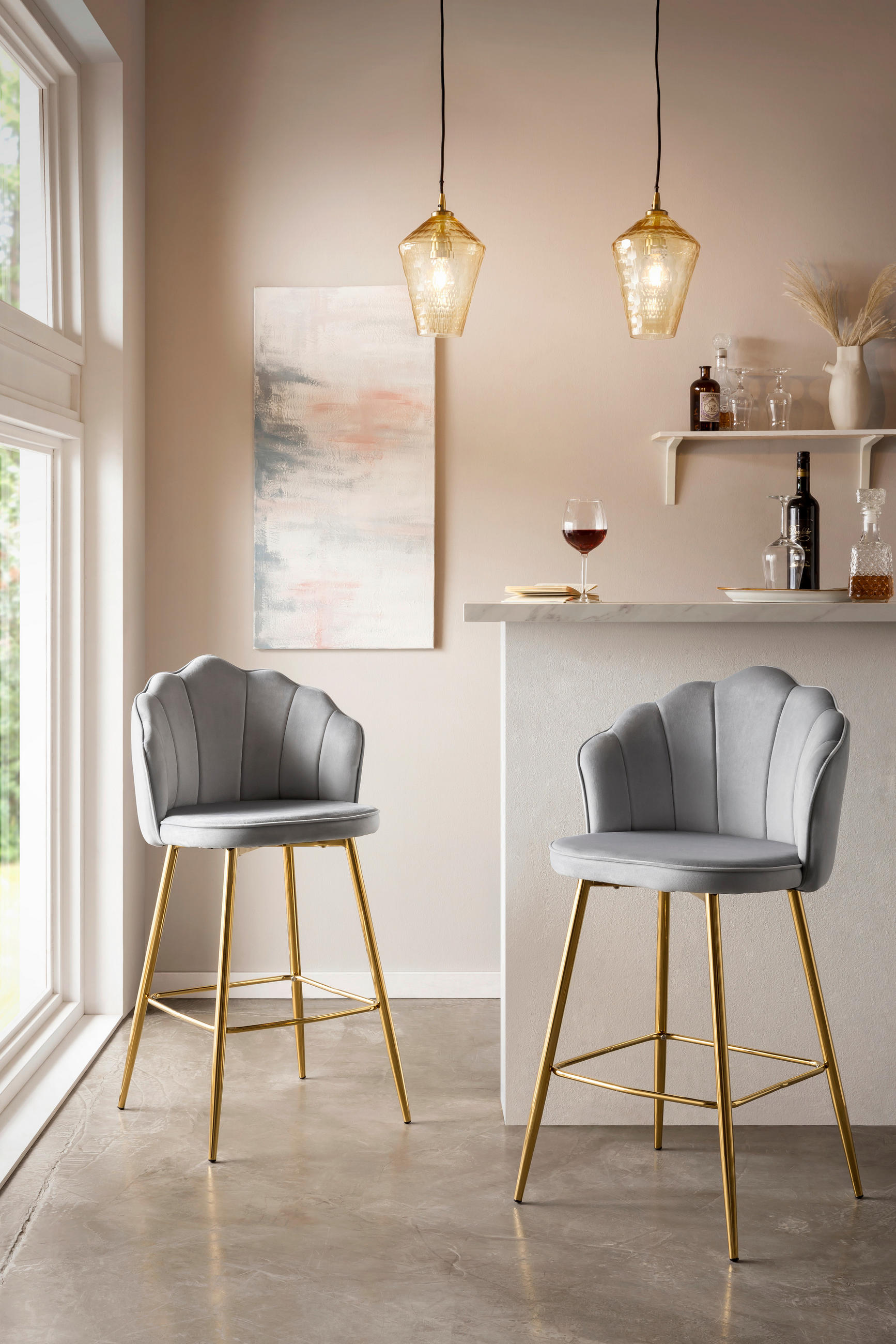 BARHOCKER-SET Samt Hellgrau  - Goldfarben/Hellgrau, MODERN, Textil/Metall (52/100/54cm) - Livetastic
