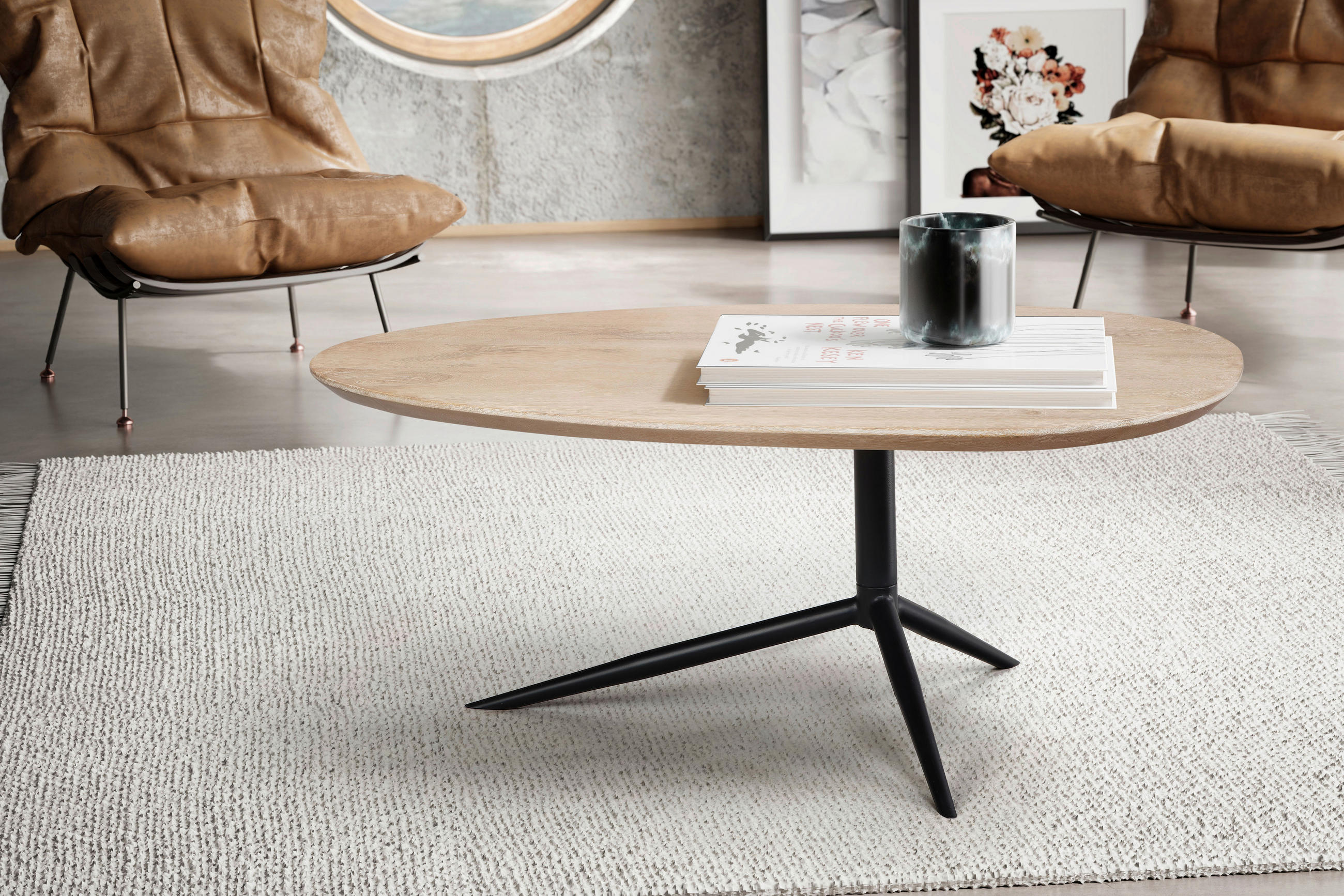 COUCHTISCH Mangoholz massiv 86,5/49/36 cm oval Hellbraun  - Hellbraun/Schwarz, Design, Holz/Metall (86,5/49/36cm) - MID.YOU