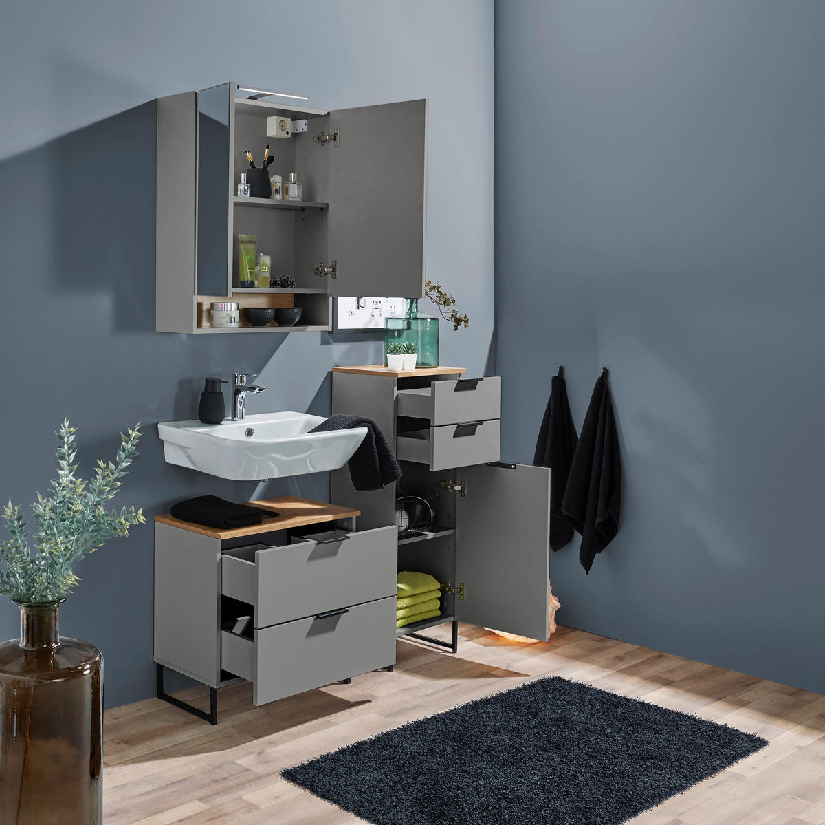 MIDISCHRANK 38/106/32 cm  - Eichefarben/Schwarz, KONVENTIONELL, Holzwerkstoff/Metall (38/106/32cm) - home24