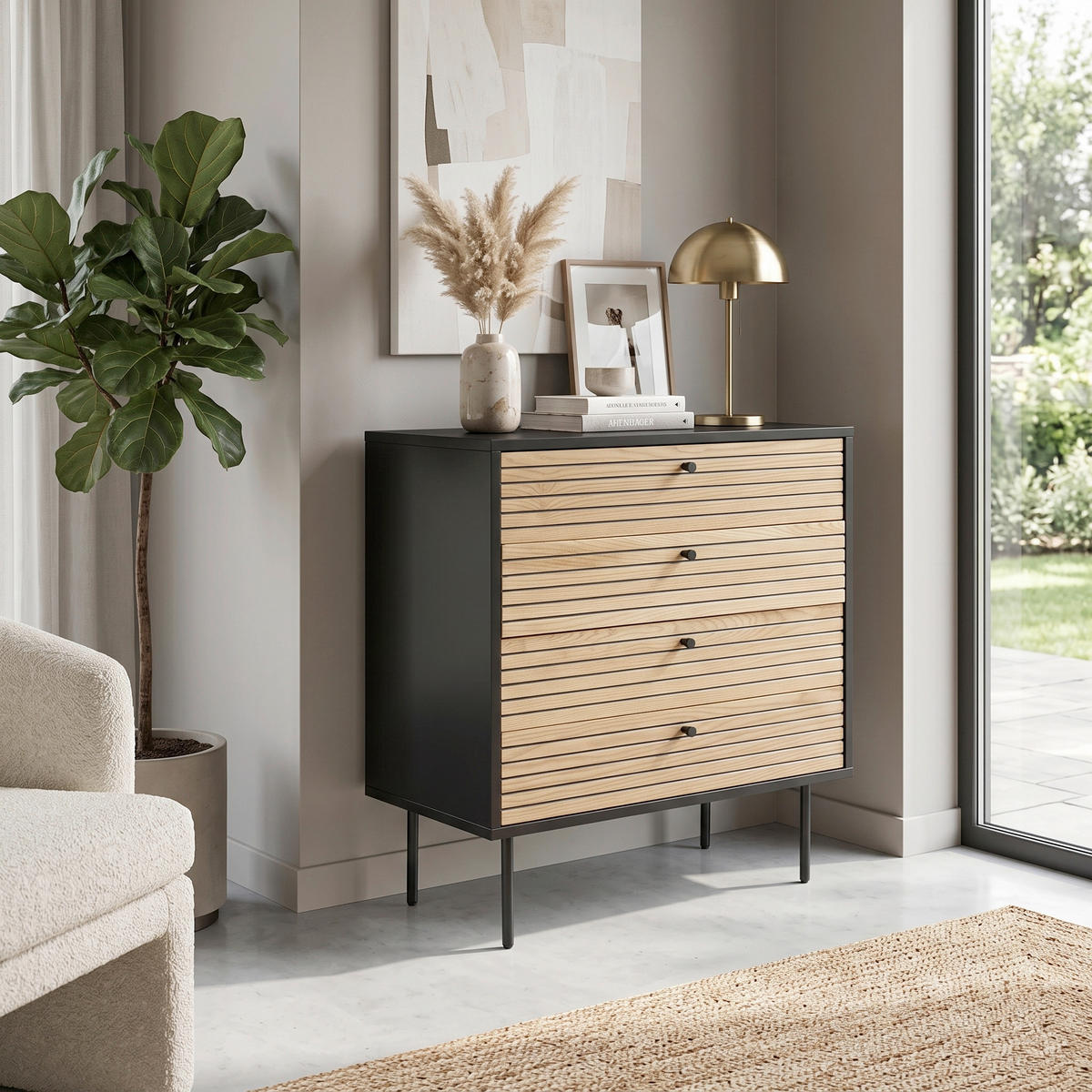 KOMMODE , , 4 Schublade(n)  - Eichefarben/Schwarz, Design, Holz/Holzwerkstoff (80/85cm) - Livetastic