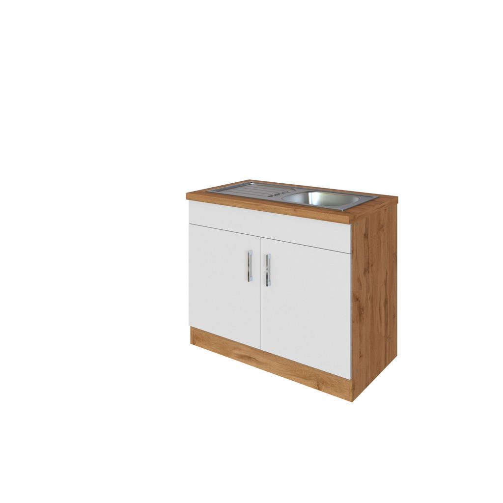 Spülenschrank Mit Spüle B: 100 cm Weiß/Eiche Dekor