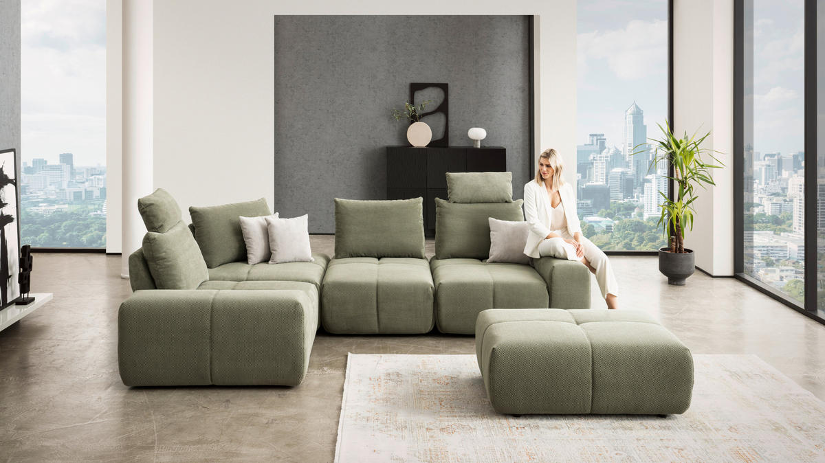 ECKSOFA in Velours Olivgrün  - Schwarz/Olivgrün, Design, Kunststoff/Textil (236/326cm) - Xora