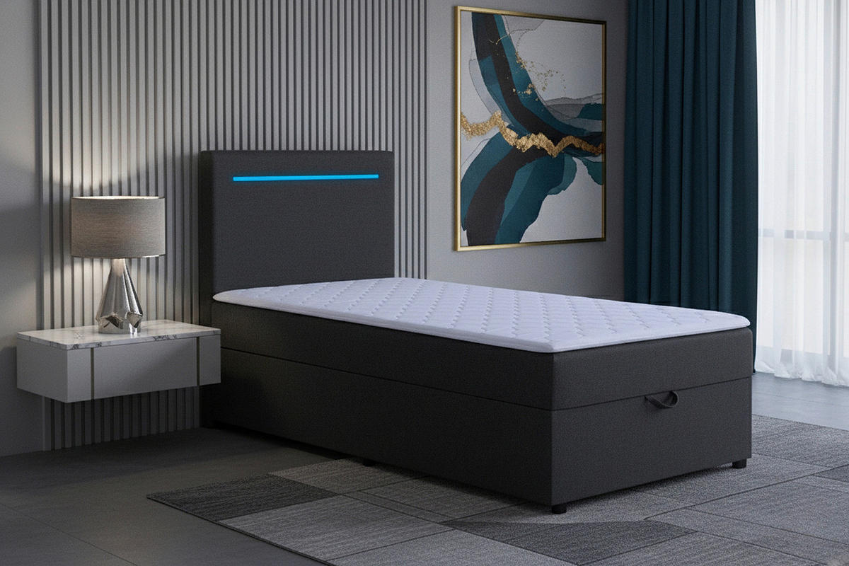 BOXBETT 100/200 cm,  in Anthrazit, Bettkasten, Topper, Kopfteilbeleuchtung,  - Anthrazit/Schwarz, MODERN, Kunststoff/Textil (100/200cm) - MID.YOU