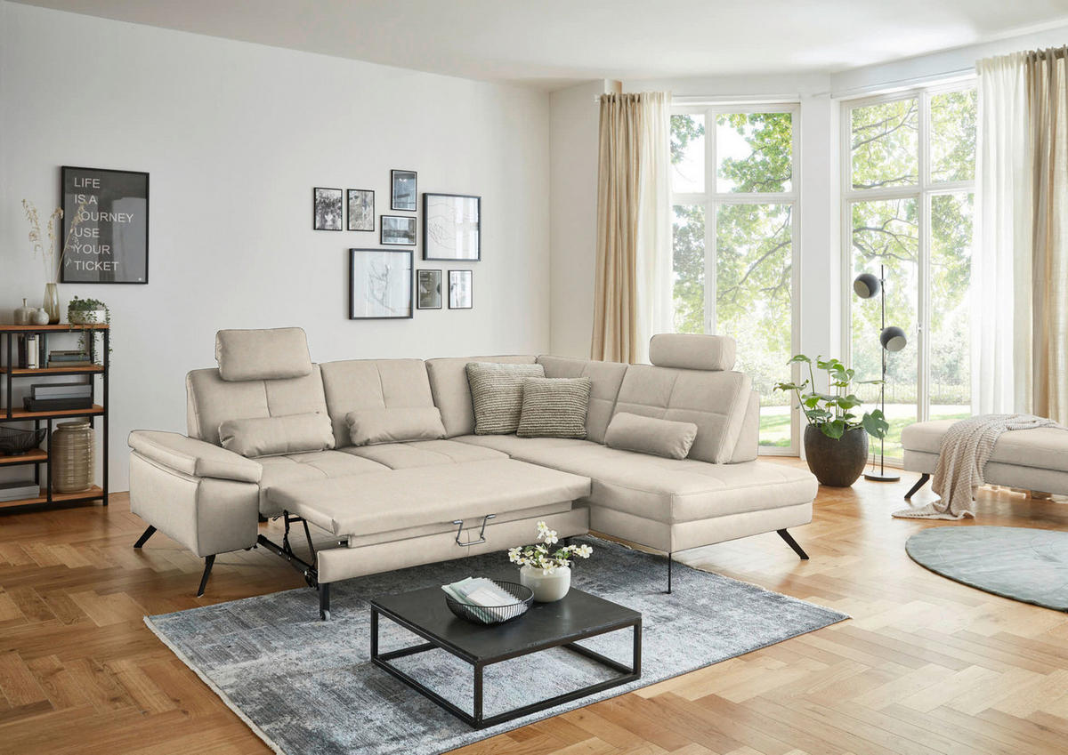 ECKSOFA in Lederlook, Mikrofaser Creme  - Creme/Schwarz, Design, Textil/Metall (261/220cm) - Beldomo System