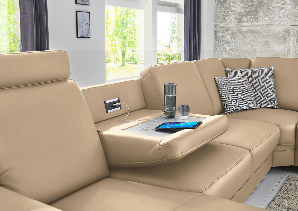WOHNLANDSCHAFT Echtleder Beige  - Beige/Alufarben, Konventionell, Leder/Metall (165/329/239cm) - Beldomo Premium