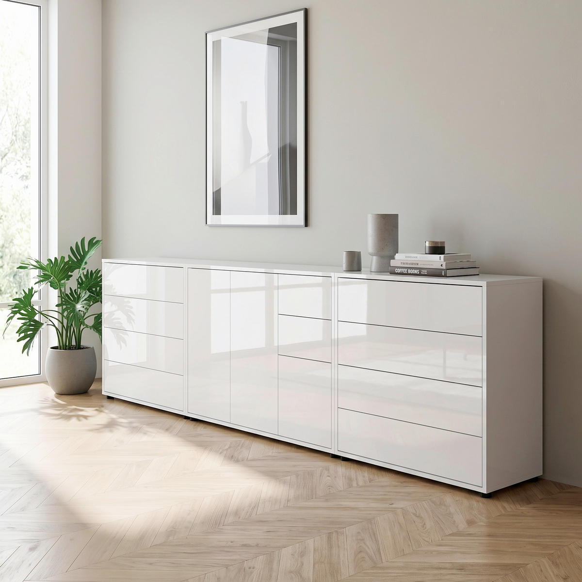 SIDEBOARD Mailand Set 8 263,5/73/33 cm 10 Schublade(n)  - Weiß Hochglanz/Schwarz, MODERN, Holzwerkstoff/Kunststoff (263,5/73/33cm) - MID.YOU