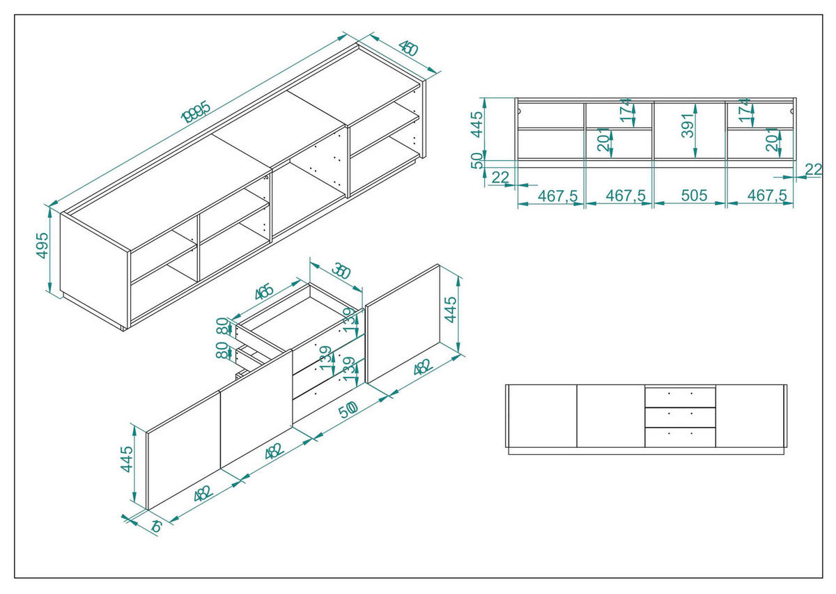 LOWBOARD  in 200/50/45 cm  - Eichefarben/Anthrazit, Design, Holzwerkstoff/Metall (200/50/45cm) - MID.YOU