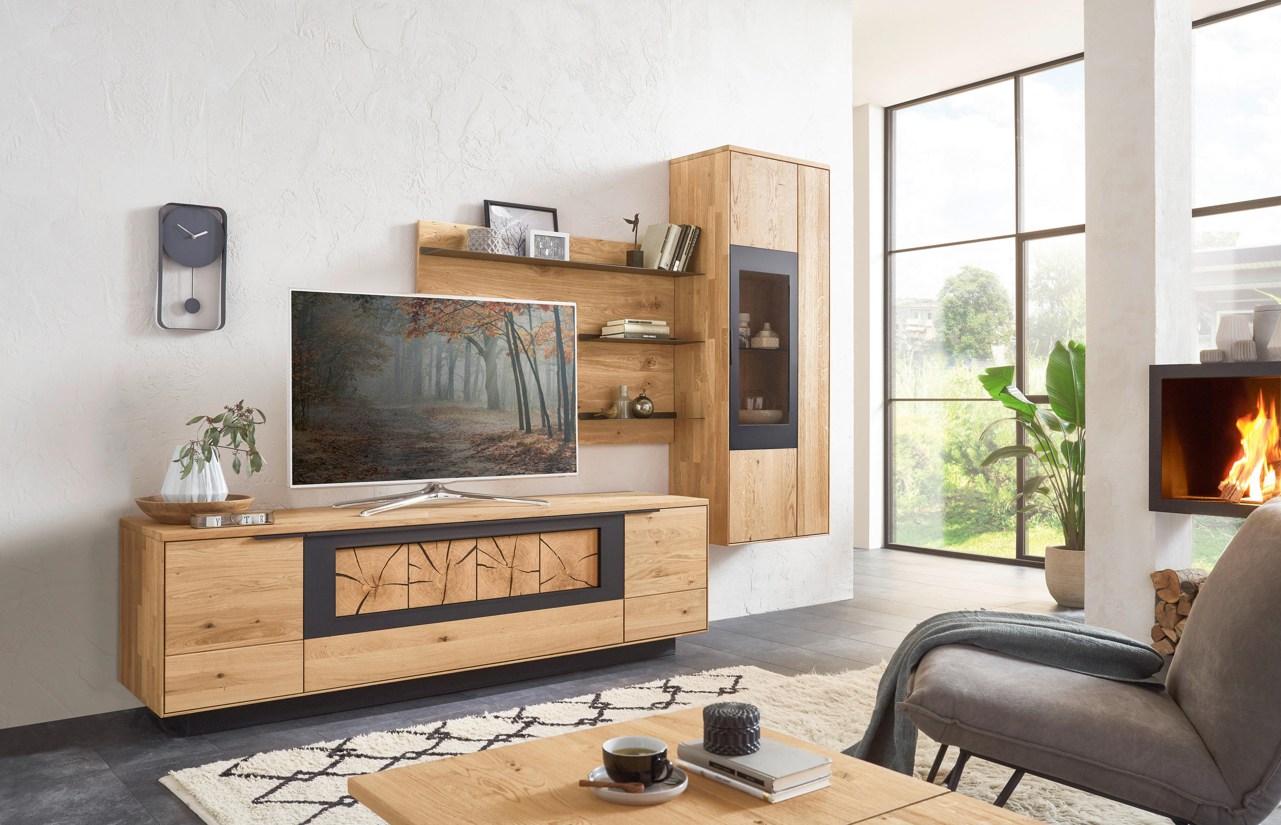 Thumbnail - Valdera Wohnwand, Schwarz, Eiche, Holz, Glas, Wildeiche, massiv, 4,4 Fächer, 1 Schublade(n) Schubladen, 283.8x203.3x45.2...