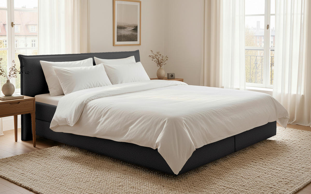 BOXSPRINGBETT 180/200 cm,  in Anthrazit, Matratze, gepolstertes Kopfteil, Topper, H3 + H3 = fest  - Anthrazit/Schwarz, Trend, Textil (180/200cm) - Chameo