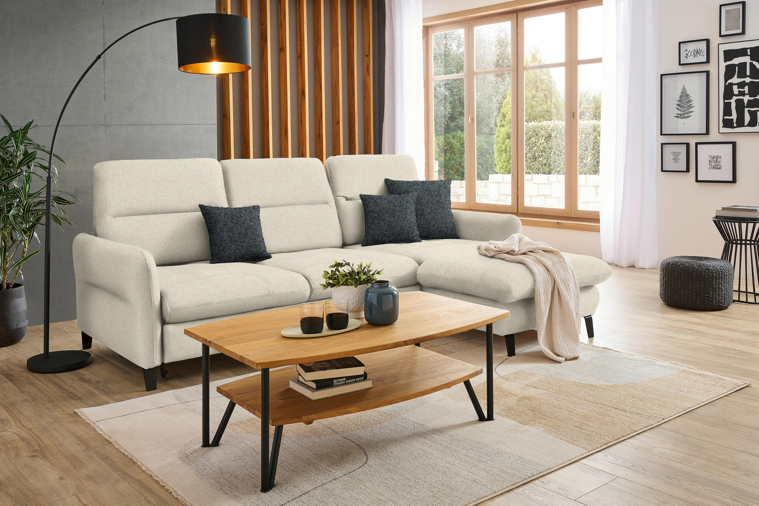 ECKSOFA Creme Chenille  - Creme/Schwarz, KONVENTIONELL, Textil/Metall (254/190cm) - Livetastic