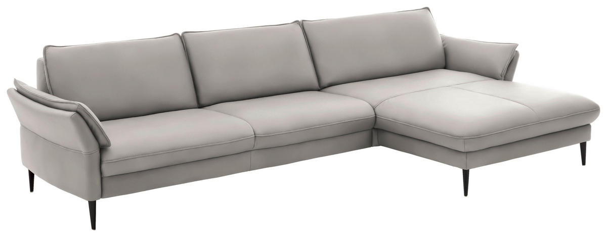 ECKSOFA in Echtleder Hellgrau  - Hellgrau/Schwarz, Design, Leder/Metall (334/172cm) - Hukla