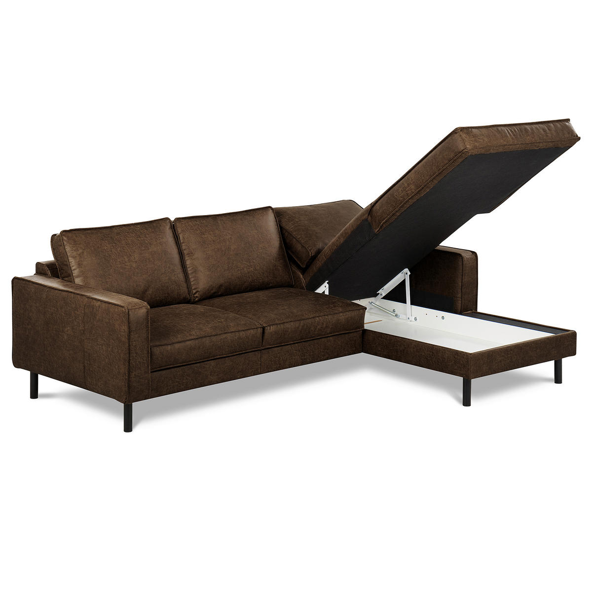 ECKSOFA Dunkelbraun Echtleder Lederlook Bettkasten, Schlaffunktion, Rücken echt  - Dunkelbraun/Schwarz, Design, Leder/Textil (166/238cm) - Livetastic