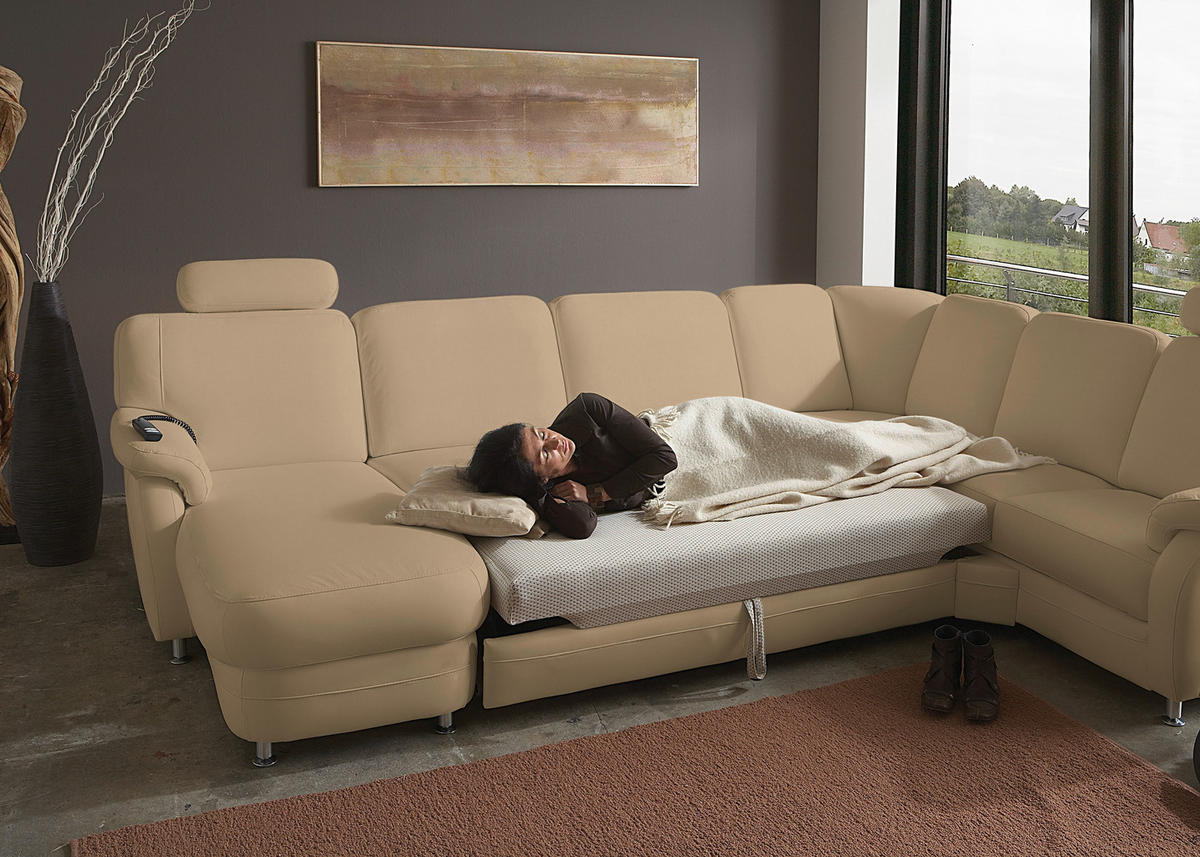 WOHNLANDSCHAFT Echtleder Beige  - Beige/Alufarben, Konventionell, Leder/Metall (165/329/239cm) - Beldomo Premium