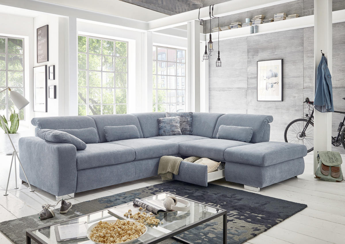 ECKSOFA in Flachgewebe Hellblau  - Chromfarben/Hellblau, Design, Textil/Metall (301/260cm) - Beldomo Style