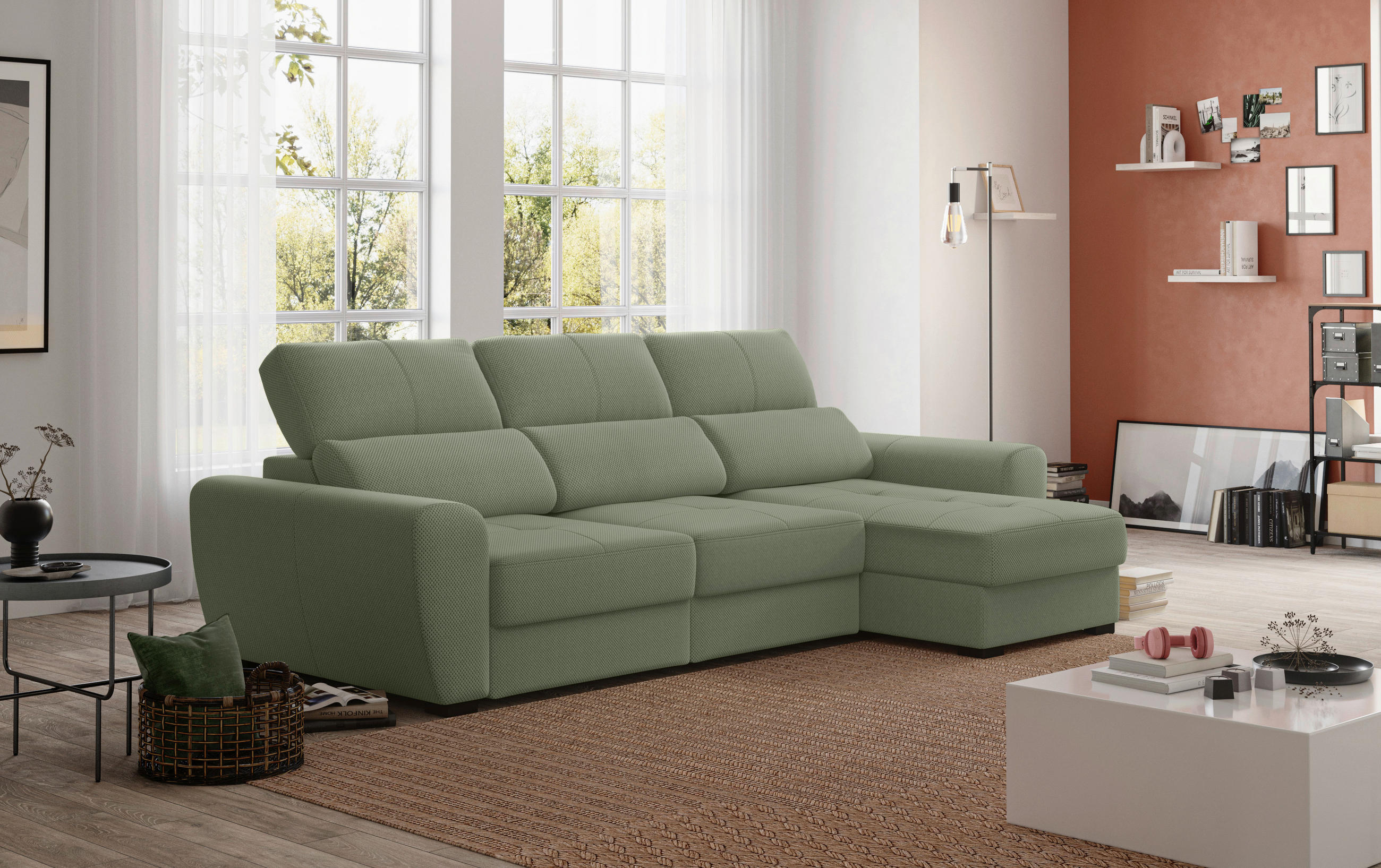 ECKSOFA Salbeigrün Velours  - Salbeigrün/Schwarz, KONVENTIONELL, Kunststoff/Textil (285/177cm) - Carryhome