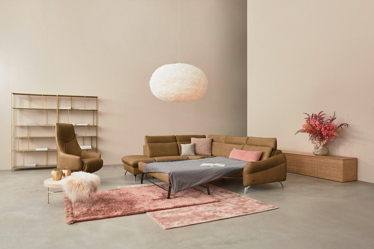 ECKSOFA in Echtleder Honig, Currygelb  - Currygelb/Edelstahlfarben, Konventionell, Leder/Metall (242/296cm) - Himolla Komfortklass