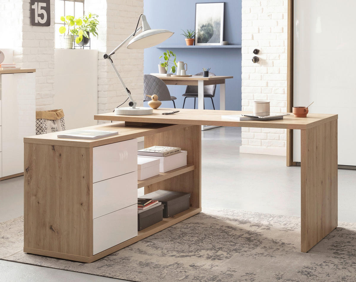 ECKSCHREIBTISCH 139/139/72 cm Eiche Artisan, Weiss Hochglanz  - Weiss Hochglanz/Eiche Artisan, Design, Holzwerkstoff (139/139/72cm) - Stylife