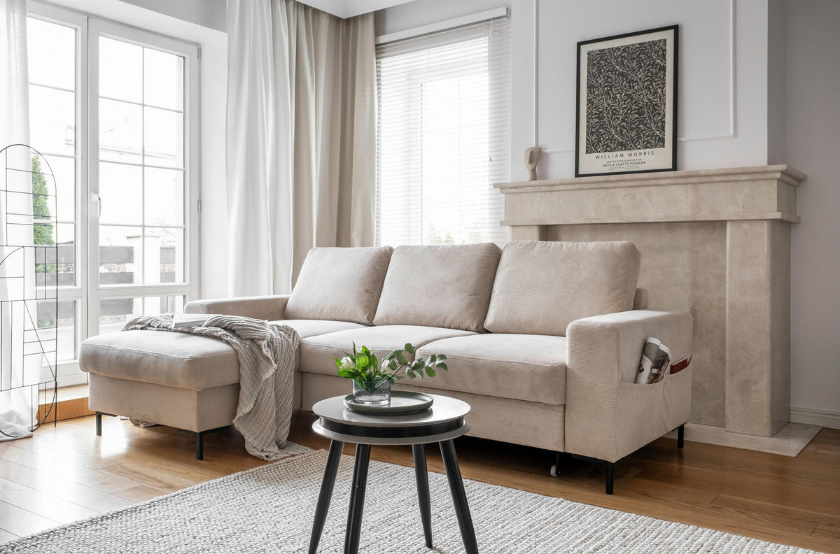 ECKSOFA Beige Cord  - Beige/Schwarz, Design, Textil/Metall (148/236cm) - MID.YOU