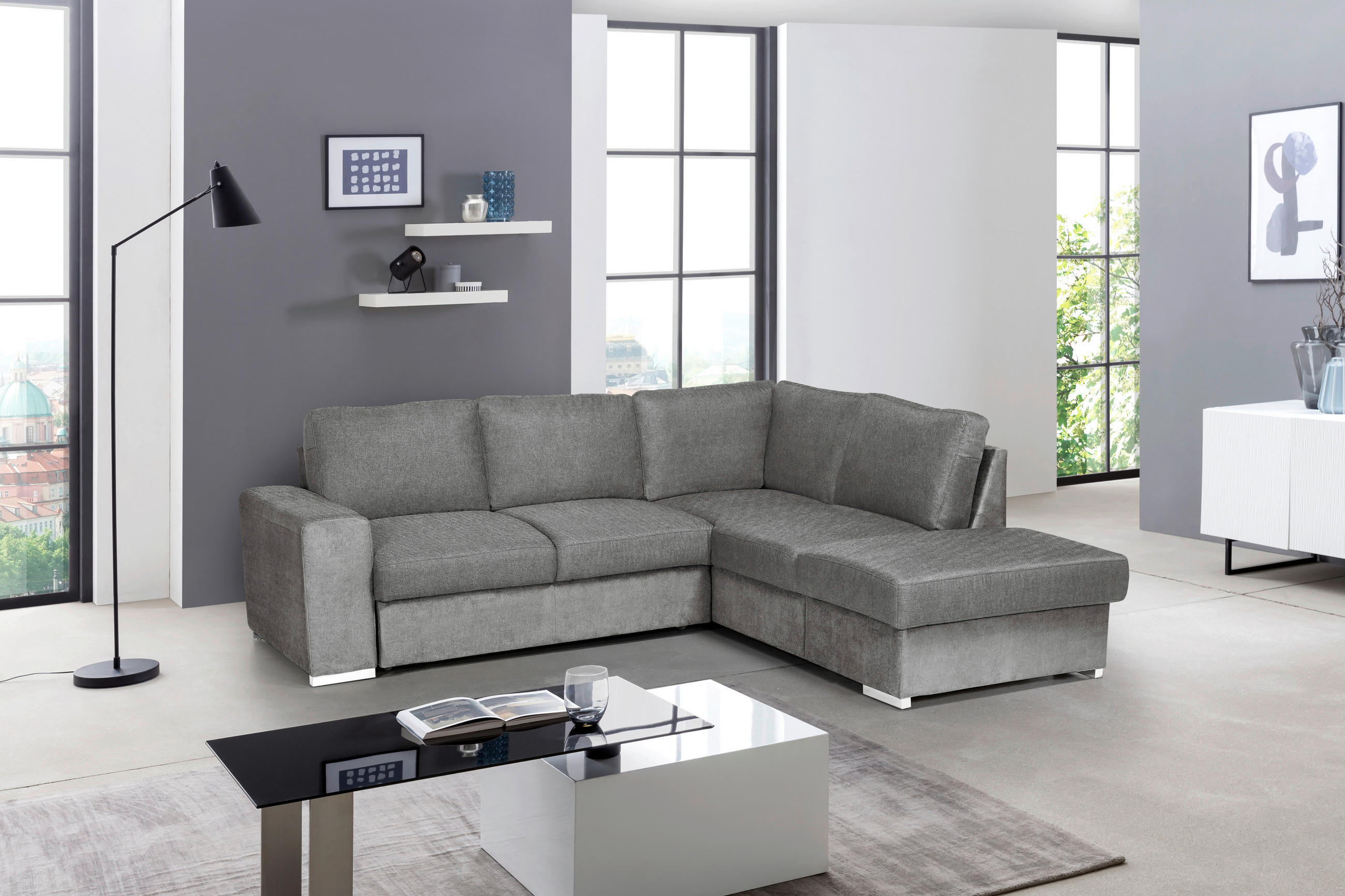 ECKSOFA Grau Mikrofaser  - Chromfarben/Grau, KONVENTIONELL, Textil/Metall (248/213cm) - MID.YOU