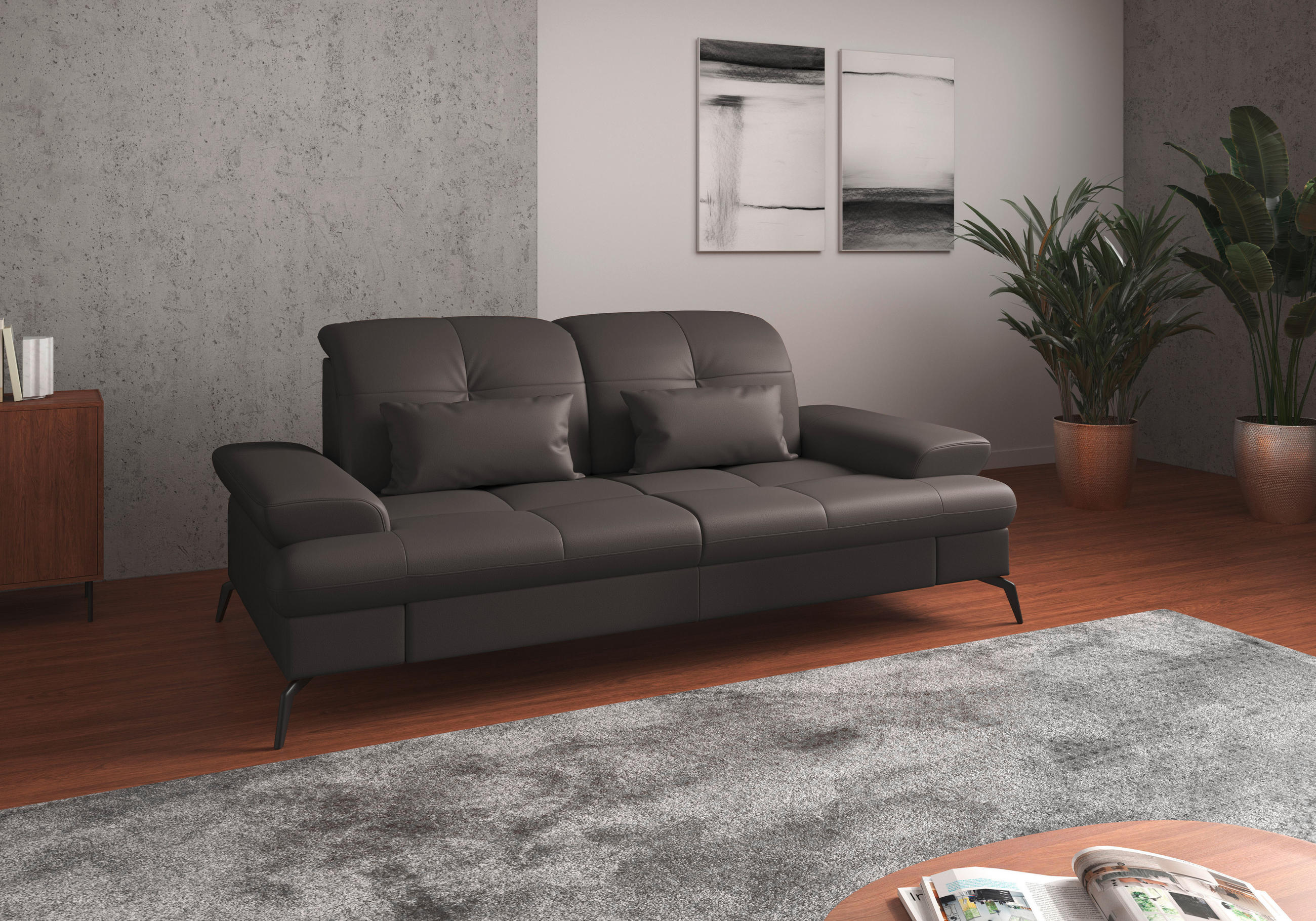 3-SITZER-SOFA in Echtleder Mokka  - Schwarz/Mokka, Konventionell, Leder/Metall (212/90/122cm) - Sit & More