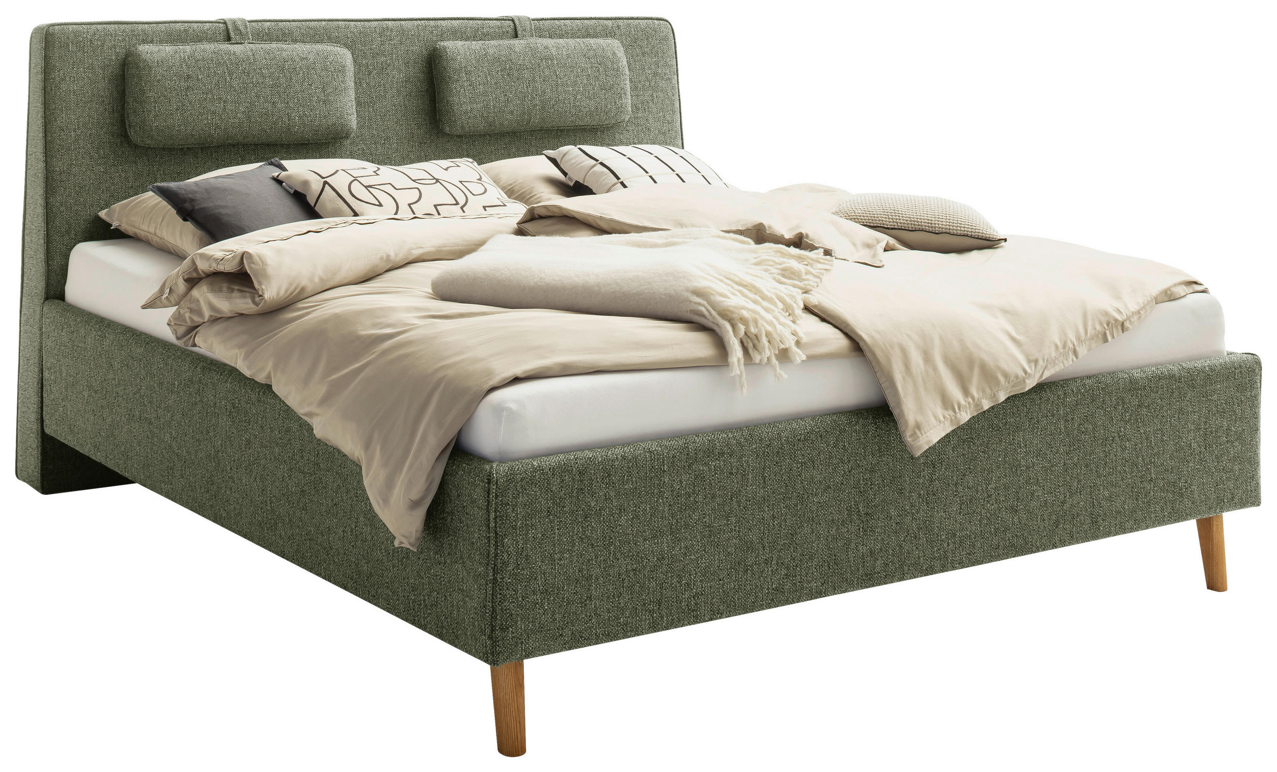 POLSTERBETT inkl. Bettkasten 180/200 cm,  in Grün, Lattenrost, Bettkasten,  - Eichefarben/Birkefarben, Design, Holz/Textil (180/200cm) - Schöner Wohnen