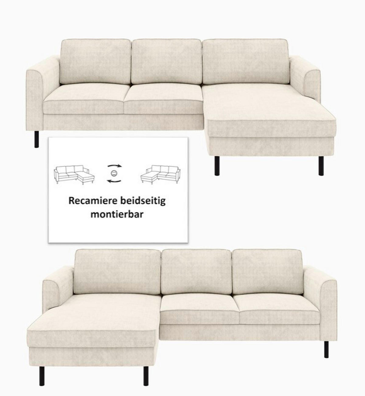 ECKSOFA in Cord Creme  232/161 cm  - Creme/Schwarz, MODERN, Textil/Metall (232/161cm) - Trendmanufaktur