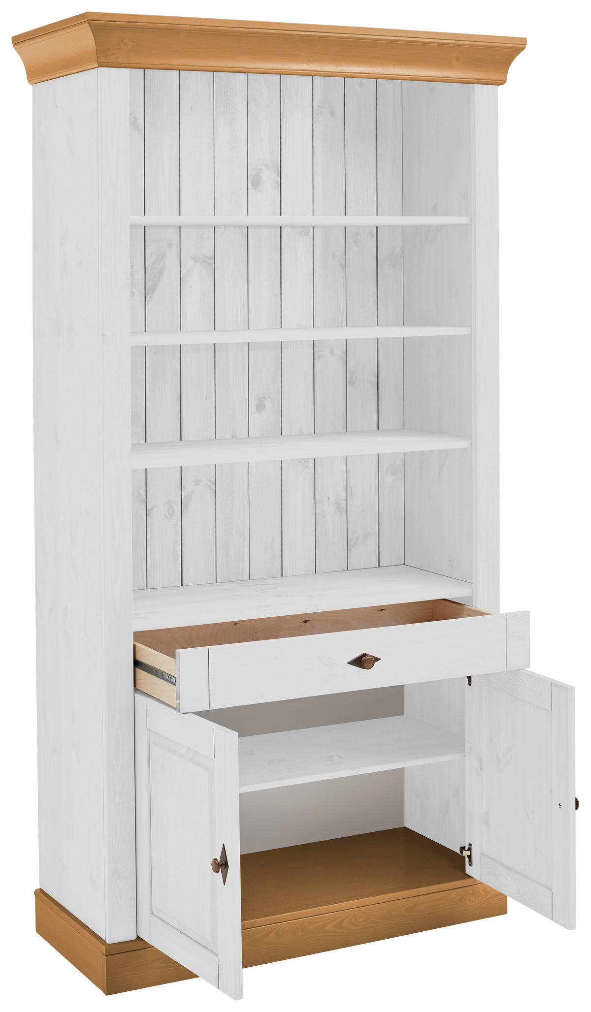 REGAL Kiefer massiv Weiß, Laugenfarbig  - Laugenfarbig/Weiß, ROMANTIK / LANDHAUS, Holz/Metall (108/202/45cm) - Boxxx