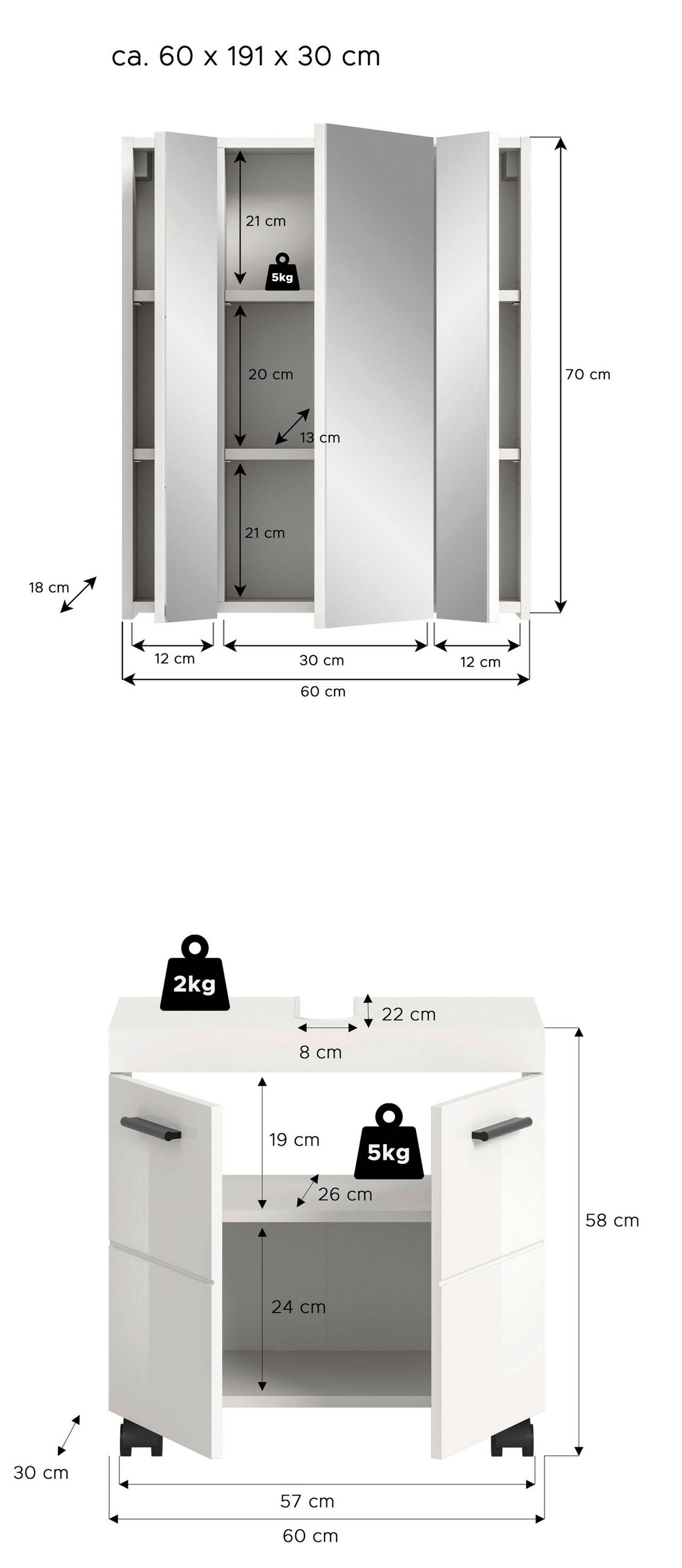 BADEZIMMER 2-teilig  in 60 cm  - Weiß Hochglanz/Schwarz, Trend, Glas/Holzwerkstoff (60cm) - MID.YOU