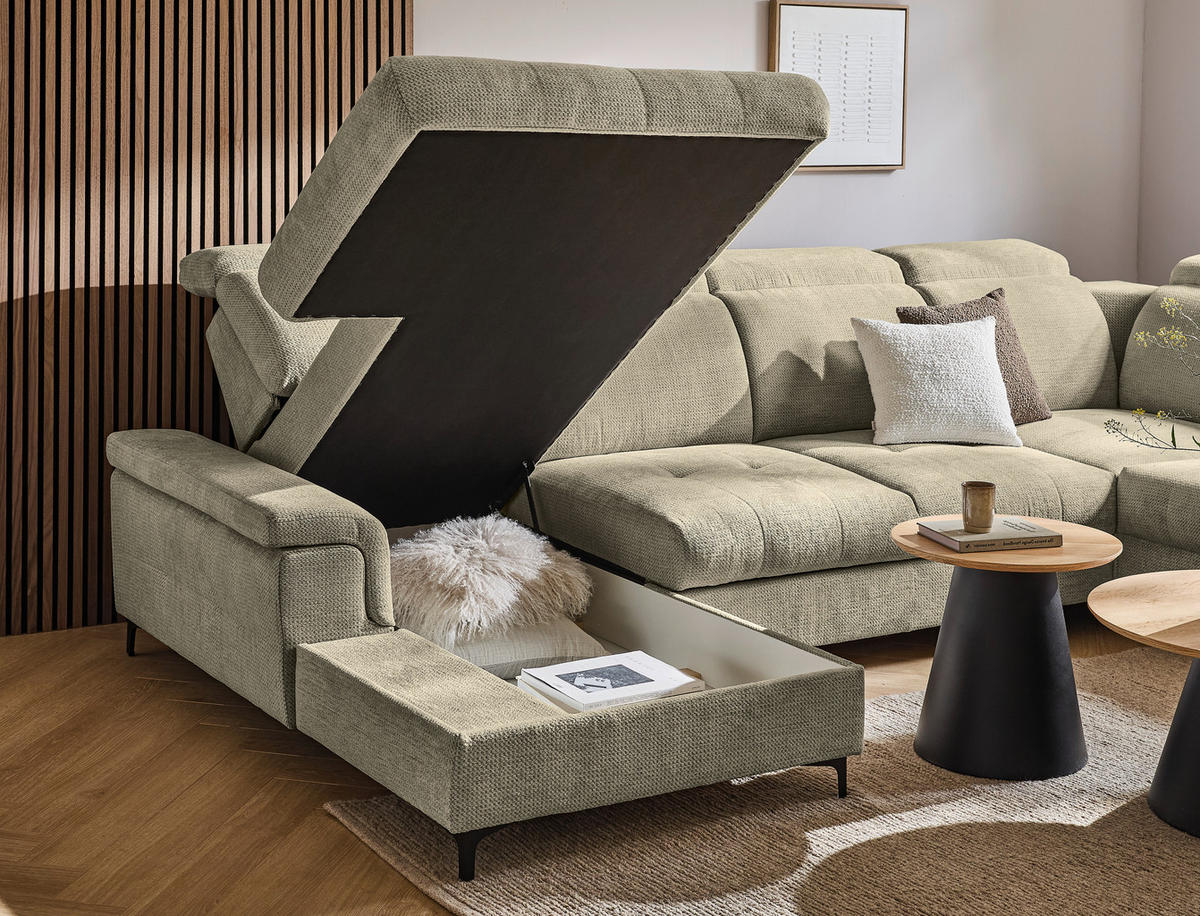WOHNLANDSCHAFT Beigebraun Struktur  - Beigebraun/Schwarz, Design, Textil/Metall (190/364/270cm) - Stylife