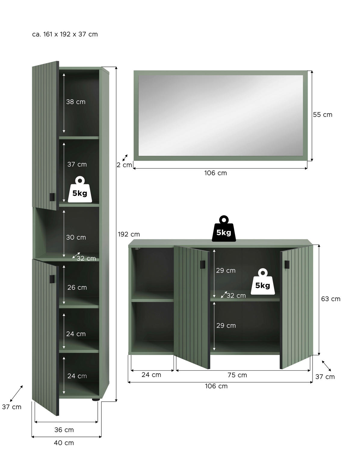 HALLMÖBEL 3 delar  i 161/192/37 cm  - grågrön, Design, trämaterial (161/192/37cm) - MID.YOU
