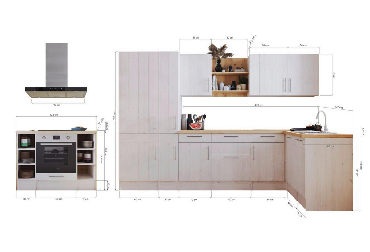 HÖRNKÖK 310/172 cm  i vit, lärkfärgad  - stålfärgad/vit, Lifestyle, metall/trämaterial (310/172cm) - Respekta