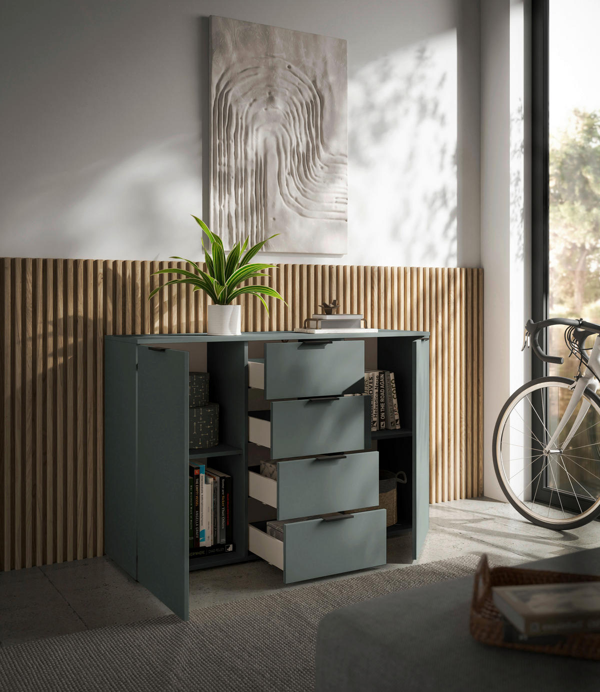 KOMODA S VRATIMA - žalfijazelena/crna, Osnovno, pločasti materijal/plastika (135/90/40cm) - Xora