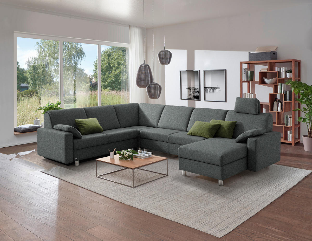 WOHNLANDSCHAFT  in Mikrovelours Graugrün  - Anthrazit/Alufarben, KONVENTIONELL, Textil (237/323/158cm) - Sedda