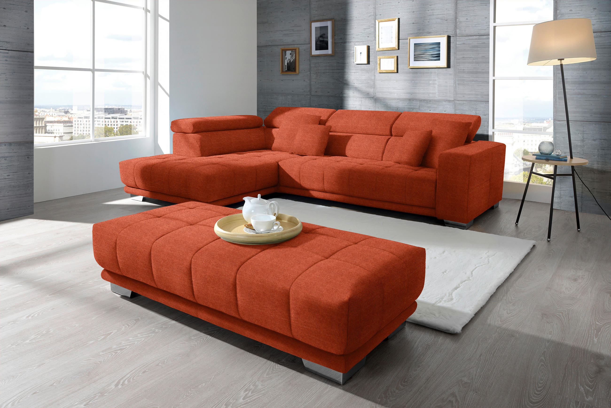 ECKSOFA in Mikrofaser Orange  - Chromfarben/Orange, Design, Textil/Metall (207/301cm) - Xora