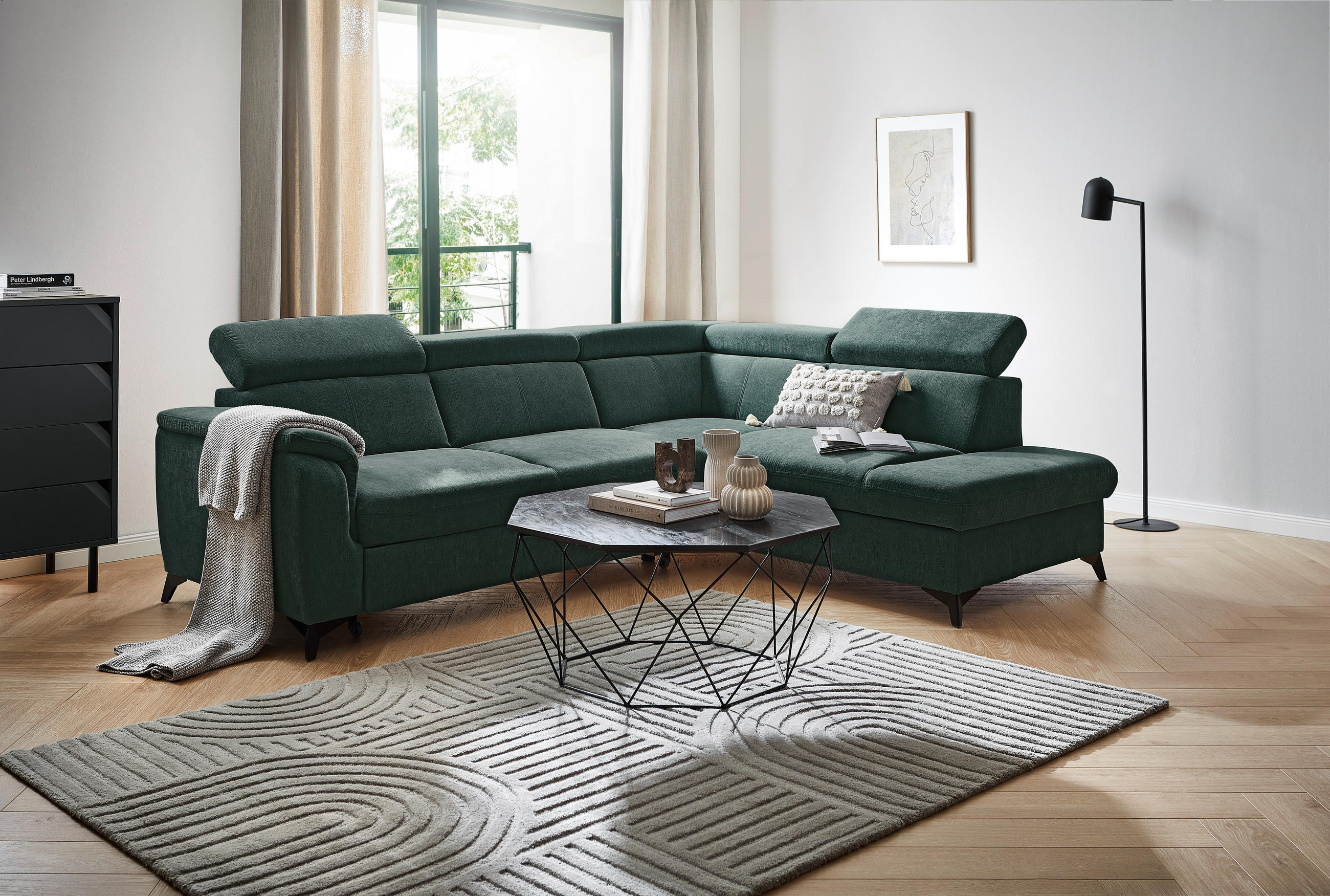 Ecksofa inkl. Funktionen in Chenille Petrol, Dunkelgrün  - Dunkelgrün/Petrol, Design, Textil/Metall (260/203cm) - Stylife