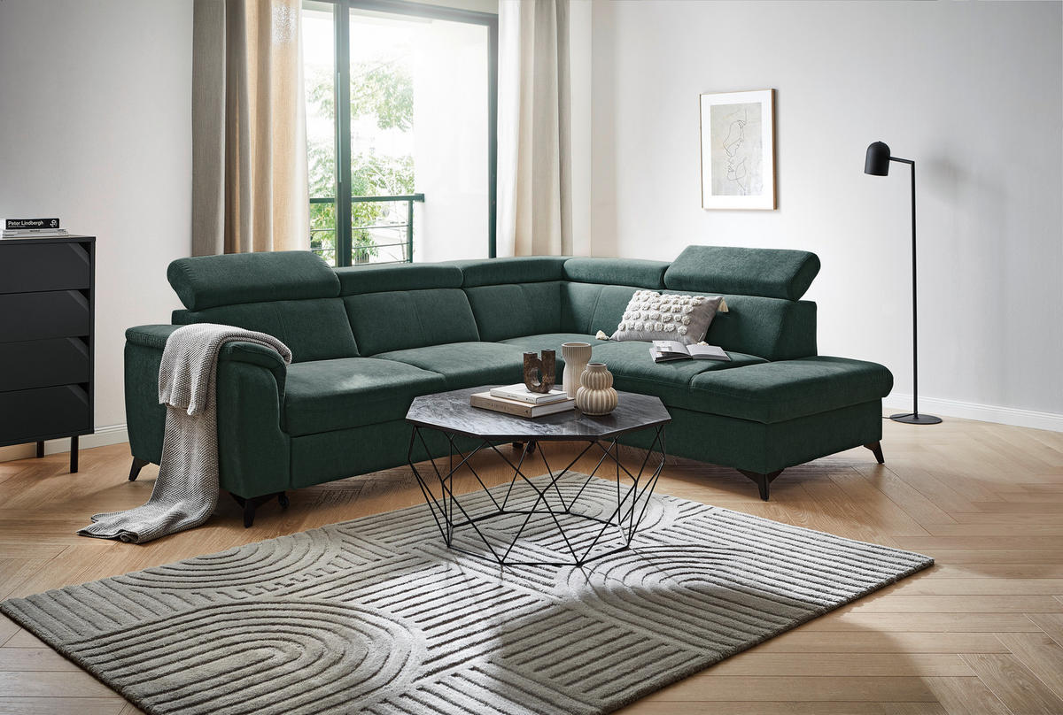 Ecksofa inkl. Funktionen in Chenille Petrol, Dunkelgrün  - Dunkelgrün/Petrol, Design, Textil/Metall (260/203cm) - Stylife