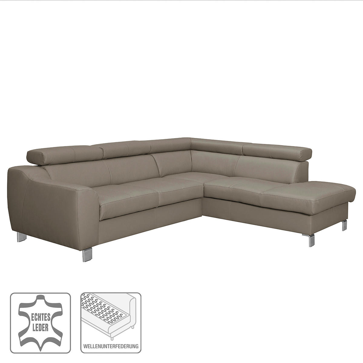 ECKSOFA in Lederlook Echtleder Taupe  - Taupe/Chromfarben, Design, Leder/Textil (245/208cm) - Livetastic