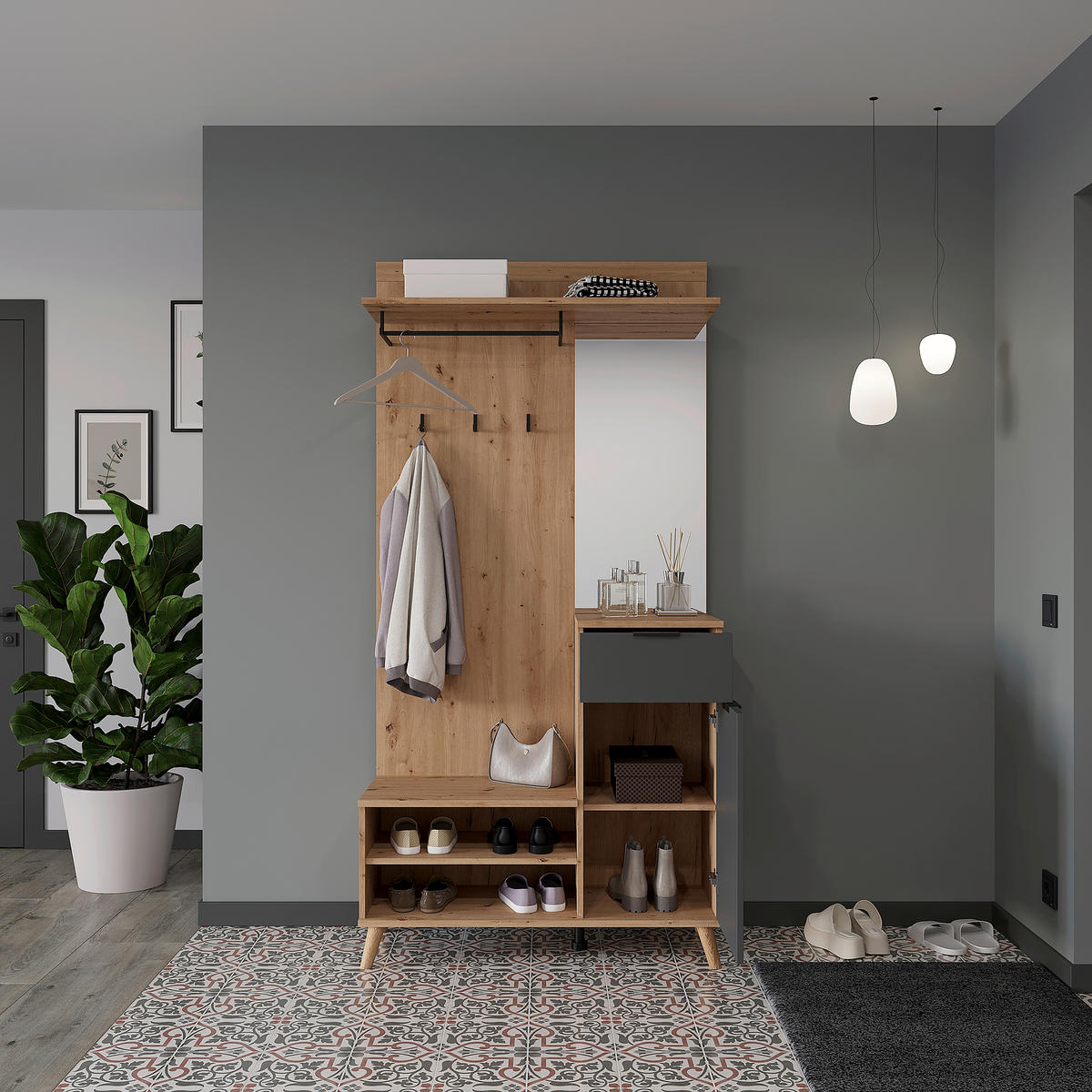 GARDEROBE  in 100/202/40 cm  - Graphitfarben/Eiche Artisan, Design, Glas/Holzwerkstoff (100/202/40cm) - home24