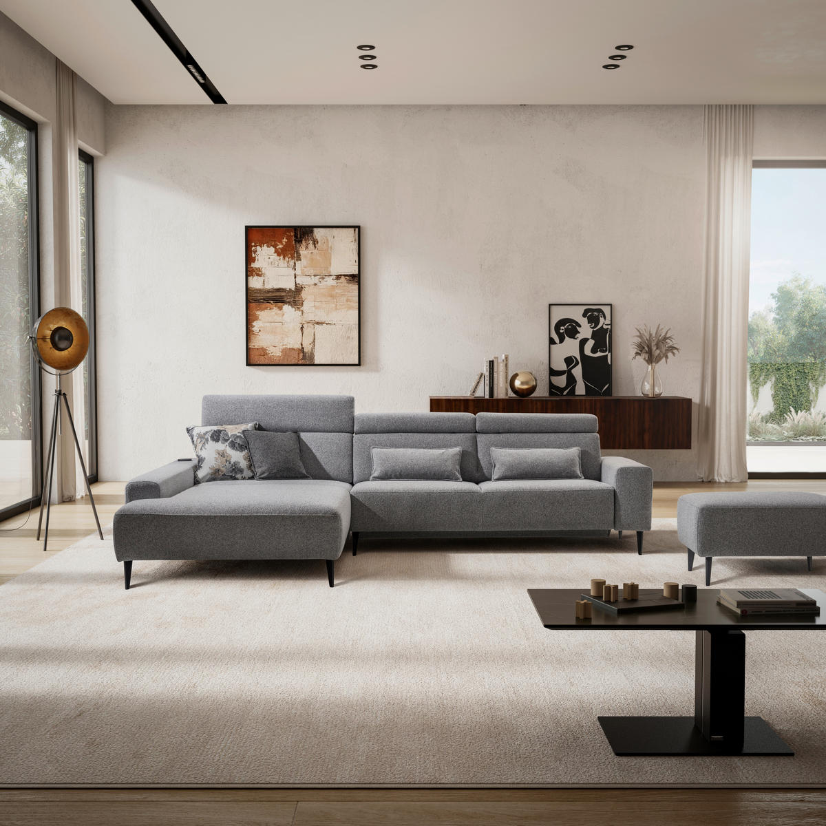 ECKSOFA  in Flachgewebe Grau  205/308 cm  - Schwarz/Grau, Design, Textil/Metall (205/308cm) - Sedda