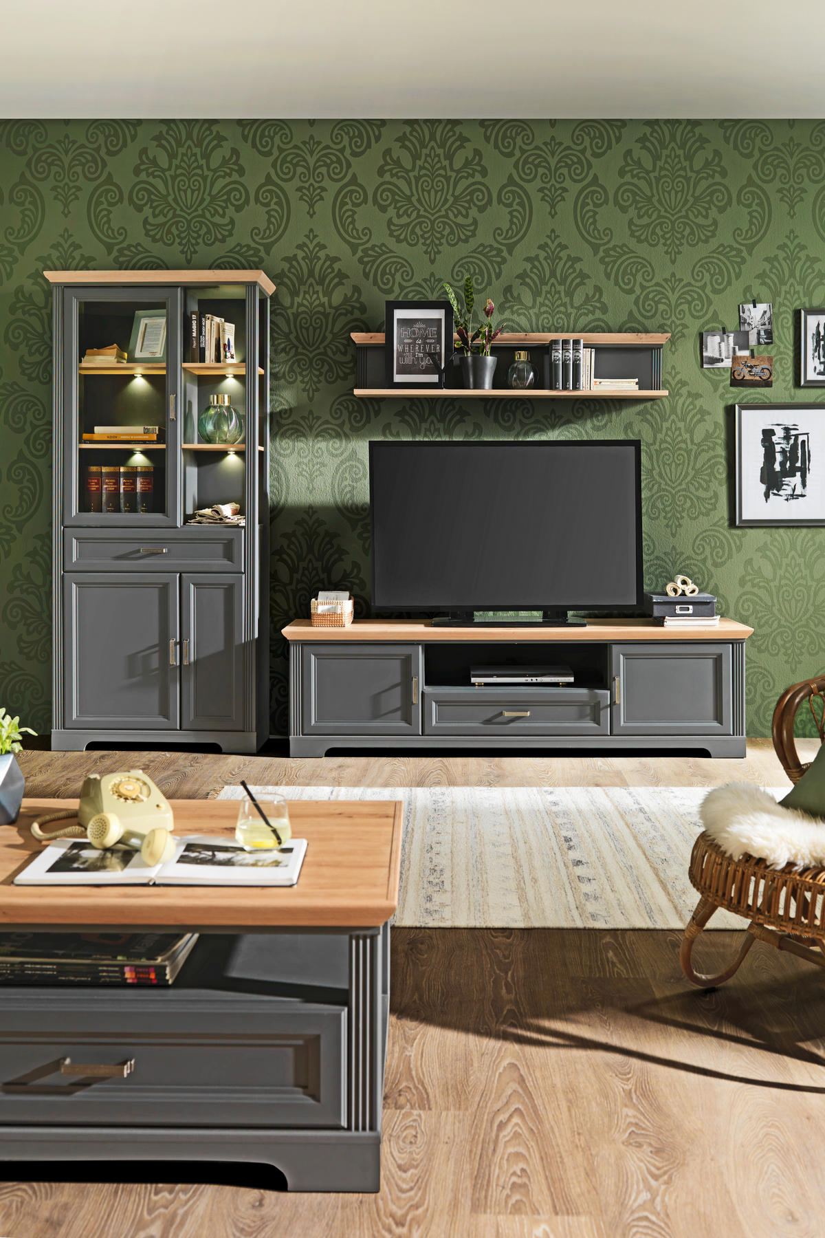 TV-ELEMENT - Graphitfarben/Eiche Artisan, ROMANTIK / LANDHAUS, Holzwerkstoff/Metall (193/54/51cm) - Hom`in