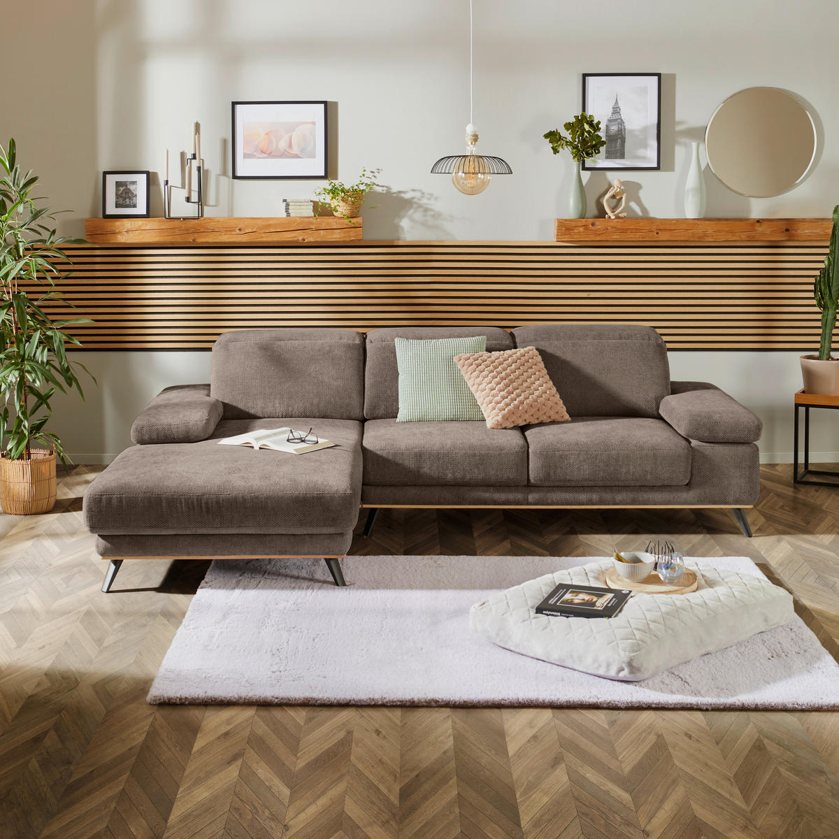 ECKSOFA ROYCE Schlammfarben Struktur  - Schlammfarben/Schwarz, MODERN, Textil/Metall (194/283cm) - MID.YOU
