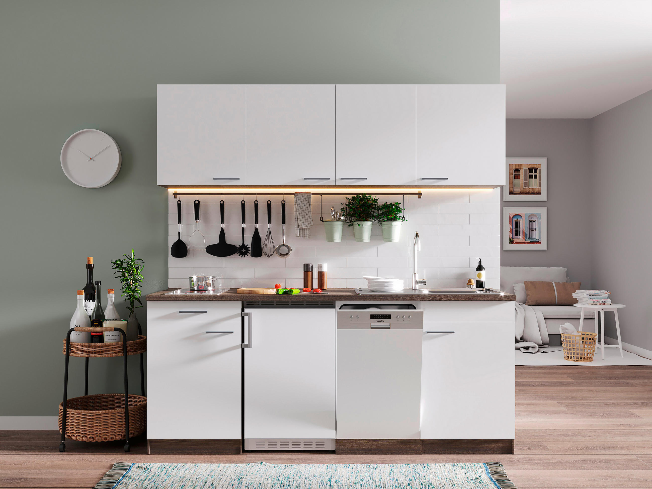 Küchenzeile Economy mit Geräten 195 cm Weiß/Eiche Dekor Modern