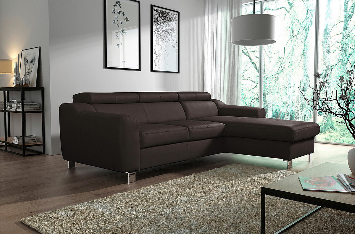 ECKSOFA Dunkelbraun Echtleder Lederlook Rücken echt, Kopfteilverstellung  - Chromfarben/Dunkelbraun, Design, Leder/Textil (242/176cm) - Livetastic