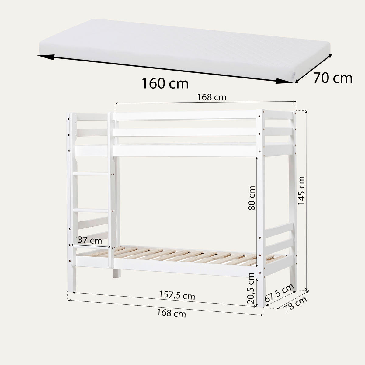ETAGENBETT - Weiß, MODERN, Holz (70/160cm) - MID.YOU