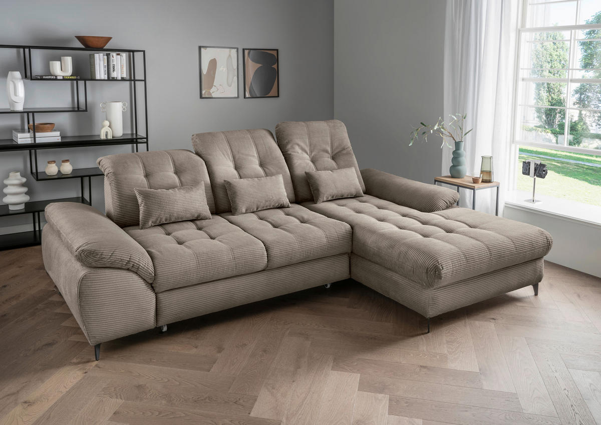 ECKSCHLAFSOFA in Cord Graubraun  - Graubraun/Schwarz, Modern, Textil/Metall (273/189cm) - Livetastic