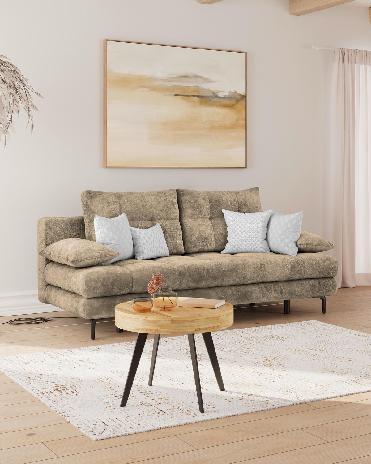 SCHLAFSOFA  mit Liegefunktion, Schlafen auf Sitzhöhe, Rücken echt Chenille Hellbraun  - Hellbraun/Schwarz, KONVENTIONELL, Textil/Metall (203/94/96cm) - Carryhome