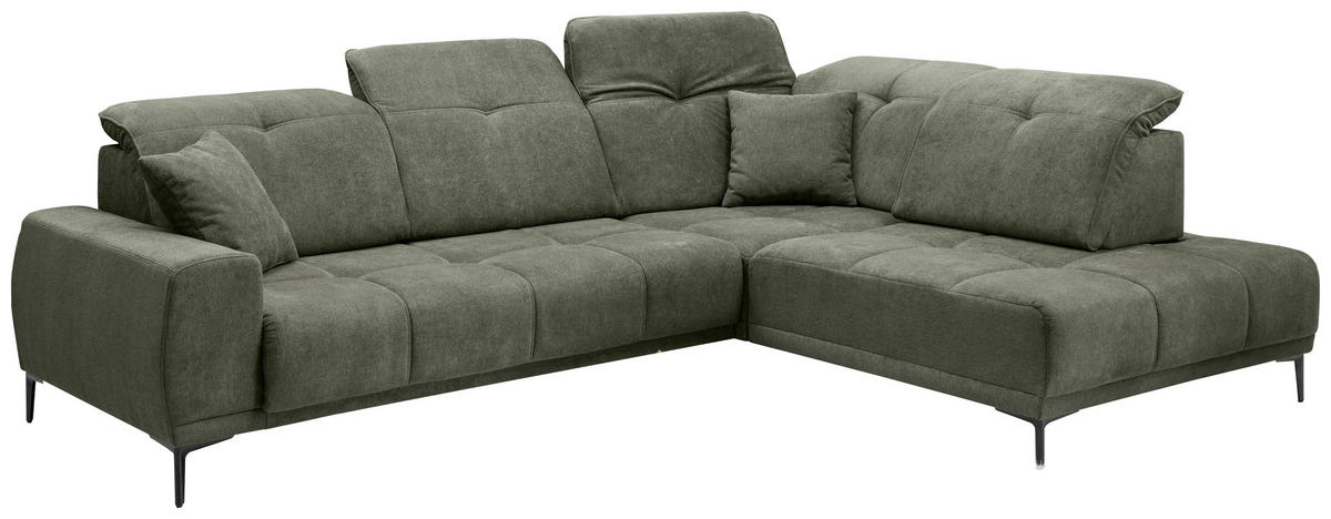 ECKSOFA NESTO Dunkelgrün Chenille Zierkissen, Kopfteilverstellung, Sitzvorzug  - Dunkelgrün/Schwarz, Basics, Textil/Metall (305/232cm) - Livetastic