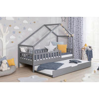 HAUSBETT 90/200 cm,  in Hellgrau, Absturzsicherung, Rollrost, Bettkasten  - Hellgrau/Naturfarben, MODERN, Holz (90/200cm) - Livetastic